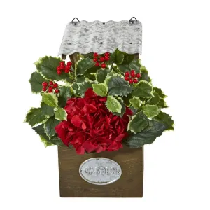 14" Hydrangea and Holly Leaf Artificial Arrangement in Tin Roof Planter