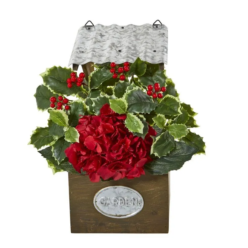 14" Hydrangea and Holly Leaf Artificial Arrangement in Tin Roof Planter