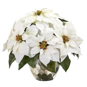 14" Poinsettia Artificial Arrangement in Designer Silver Bowl