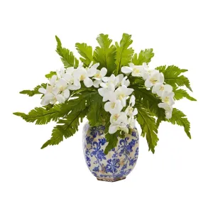 15" Phalaenopsis Orchid and Fern Artificial Plant in Vase