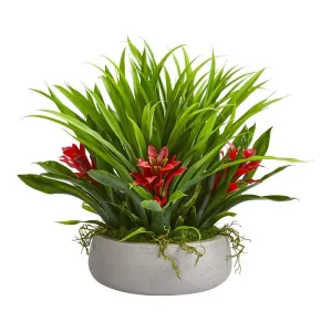 16" Bromeliad & Grass Artificial Plant in Ceramic Vase