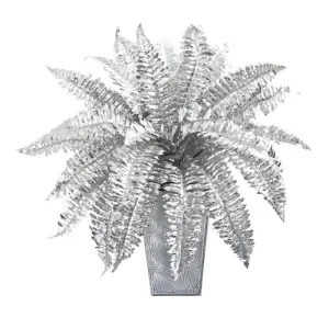 16" Metallic Silver Boston Fern Artificial Plant in Embossed White Planter