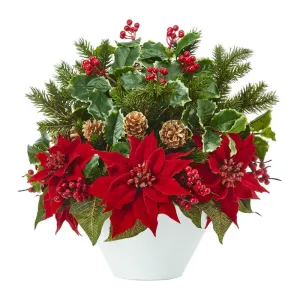 18" Poinsettia, Holly Leaf and Pine Artificial Arrangement in White Vase