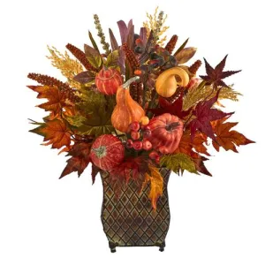 21" Pumpkin, Maple Leaf and Sorghum Harvest Artificial Arrangement in Metal Planter