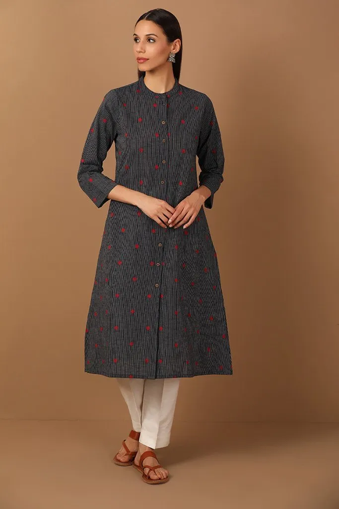 A-Line Striped Kurta With Mandarin Collar