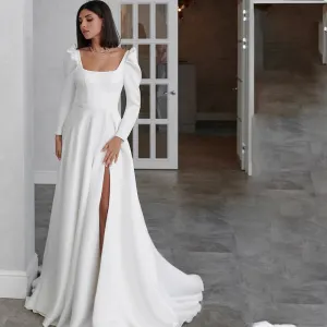 A-Line Wedding  Dress Long Sleeve Square Collar Side Slit Simple Satin Open Back Beach Robe De Mariee Custom Made To Measures