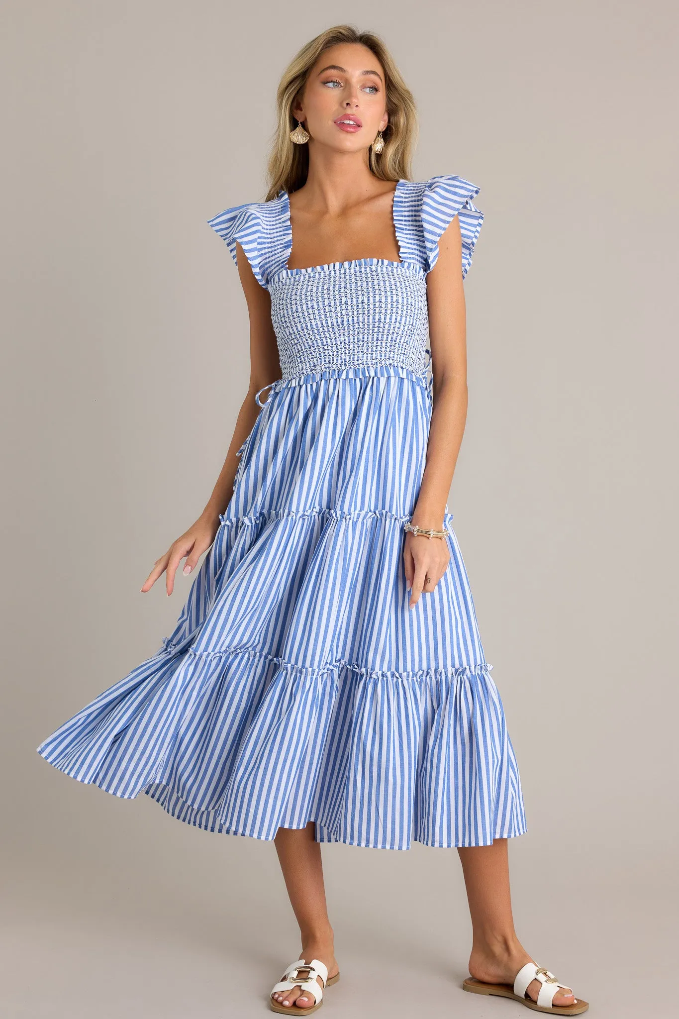 Bayside Stroll 100% Cotton Blue Stripe Smocked Midi Dress