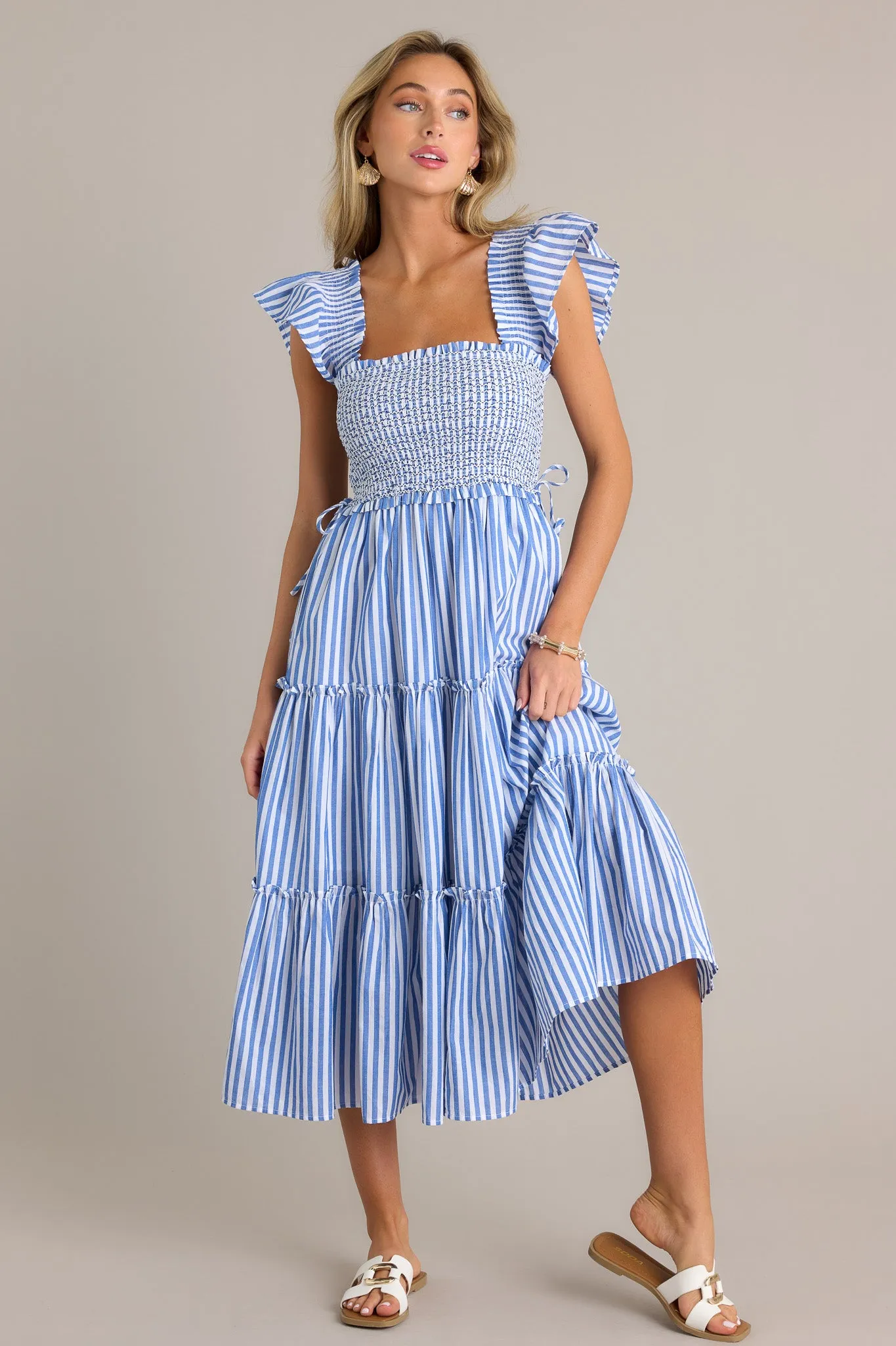 Bayside Stroll 100% Cotton Blue Stripe Smocked Midi Dress