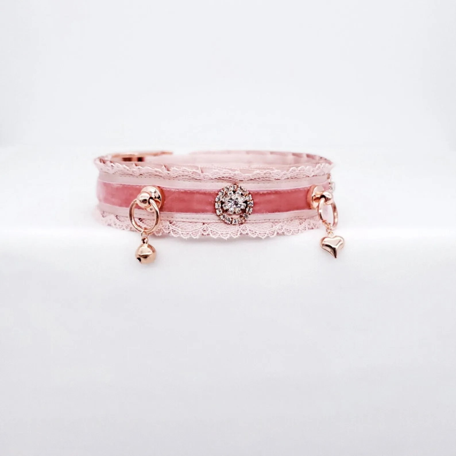 Blush Velvet, Lace and Crystals - Rose Gold Luxury Pet Play Collar