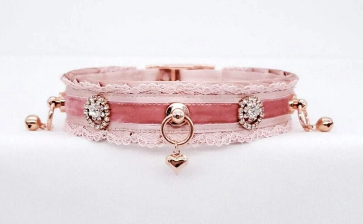 Blush Velvet, Lace and Crystals - Rose Gold Luxury Pet Play Collar