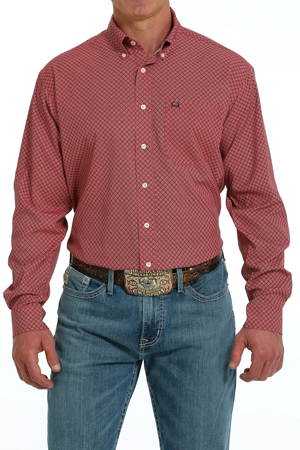 Cinch Men's Button Down Long Sleeve - Red Geometric Print