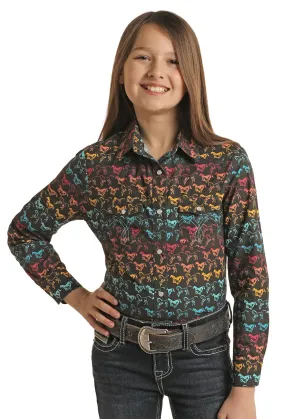 Girl's Rock & Roll Horse Print Long Sleeve Snap Shirt