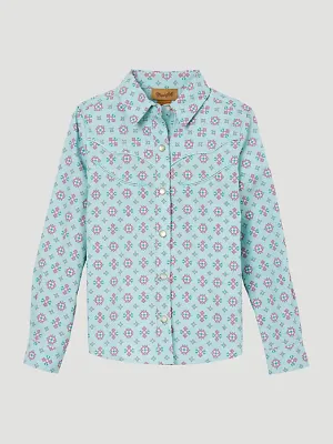 Girl's Wrangler Turquoise Print Long Sleeve Snap Shirt