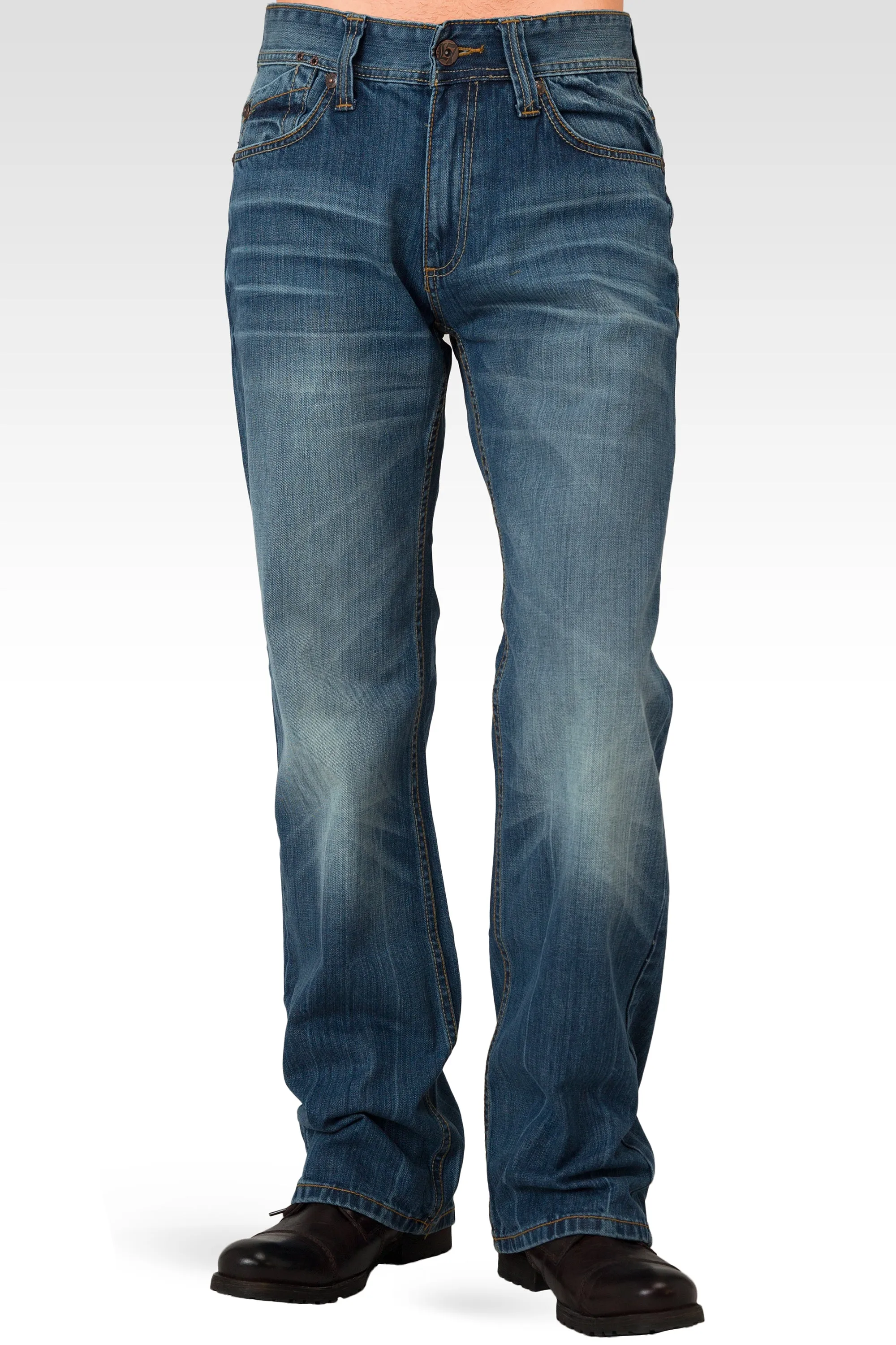 Midrise Relaxed Bootcut Medium Blue Premium Denim 5 pocket Jeans with Vintage Wash Whiskering