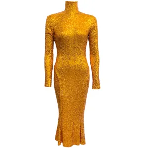 Norma Kamali Gold Sequined Mock Neck Trumpet Hem Dress