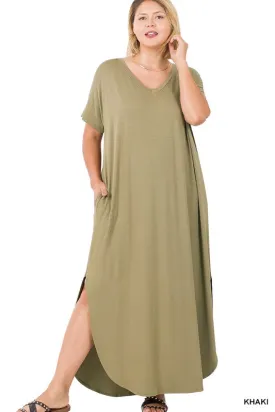 PLUS VISCOSE SIDE SLIT V-NECK MAXI DRESS