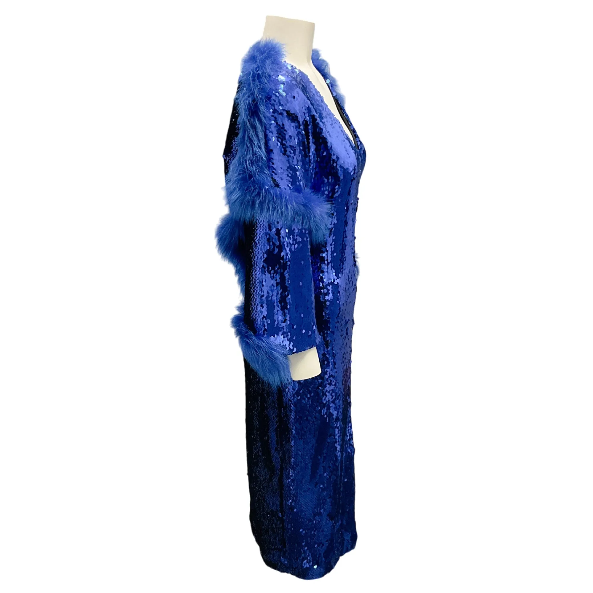 Sally LaPointe Blue Fur Trimmed Sequined Dress