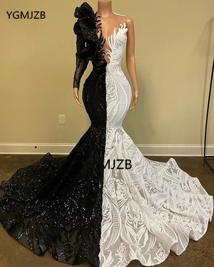 Sequined White Prom Dresses  Formal for Black Girls Mermaid One Shoulder Long Sleeveve Rufflues African Evening Gowns