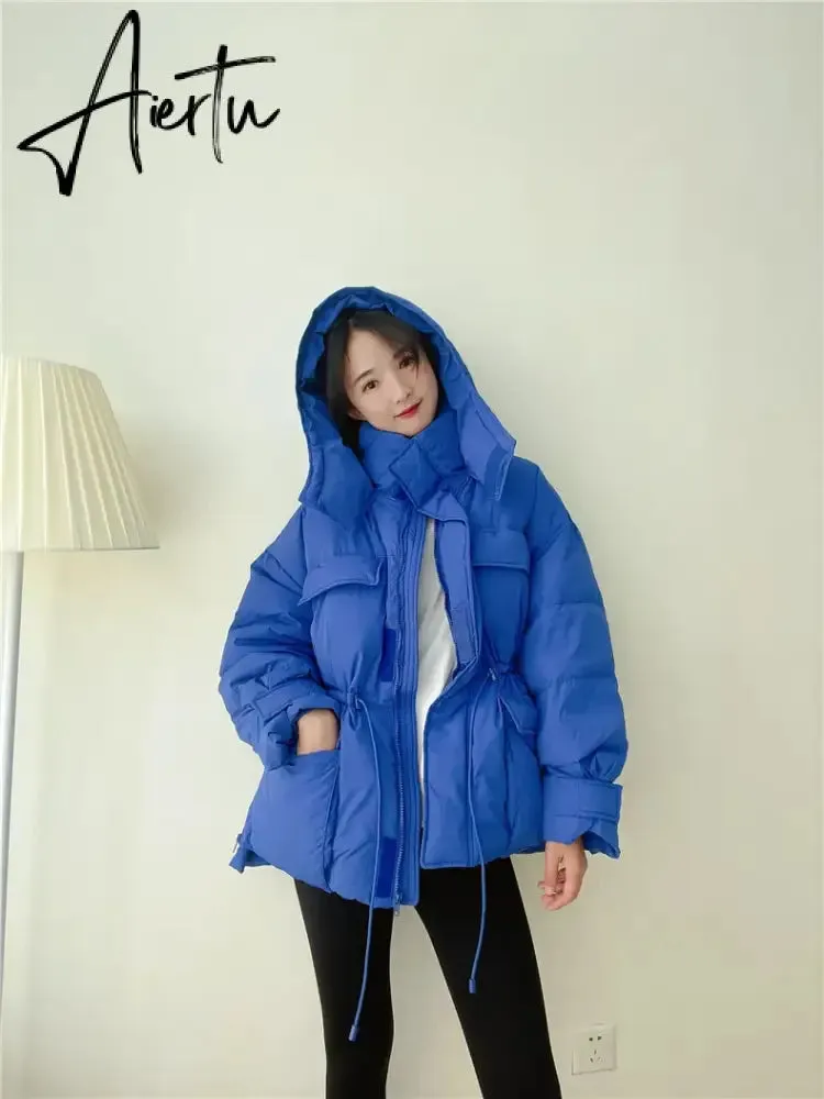 Winter Hooded Parkas Warm Jacket Women Down Cotton Coat Irregular Fluffy Bubble Drawcord Waist Outwear