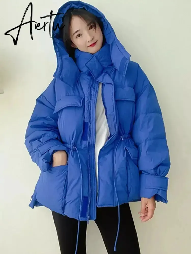 Winter Hooded Parkas Warm Jacket Women Down Cotton Coat Irregular Fluffy Bubble Drawcord Waist Outwear